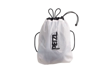 White drawstring bag with Petzl logo on a white background