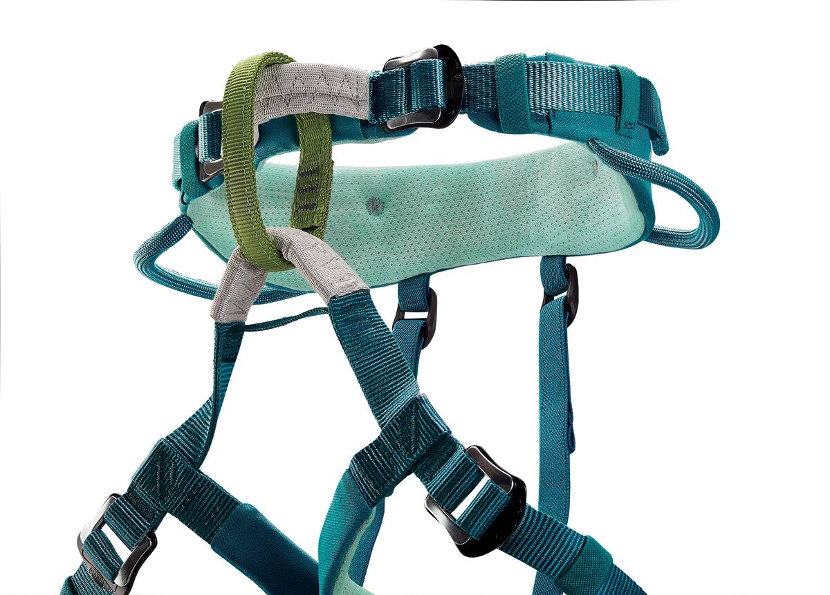 Teal climbing harness with multiple straps on a white background