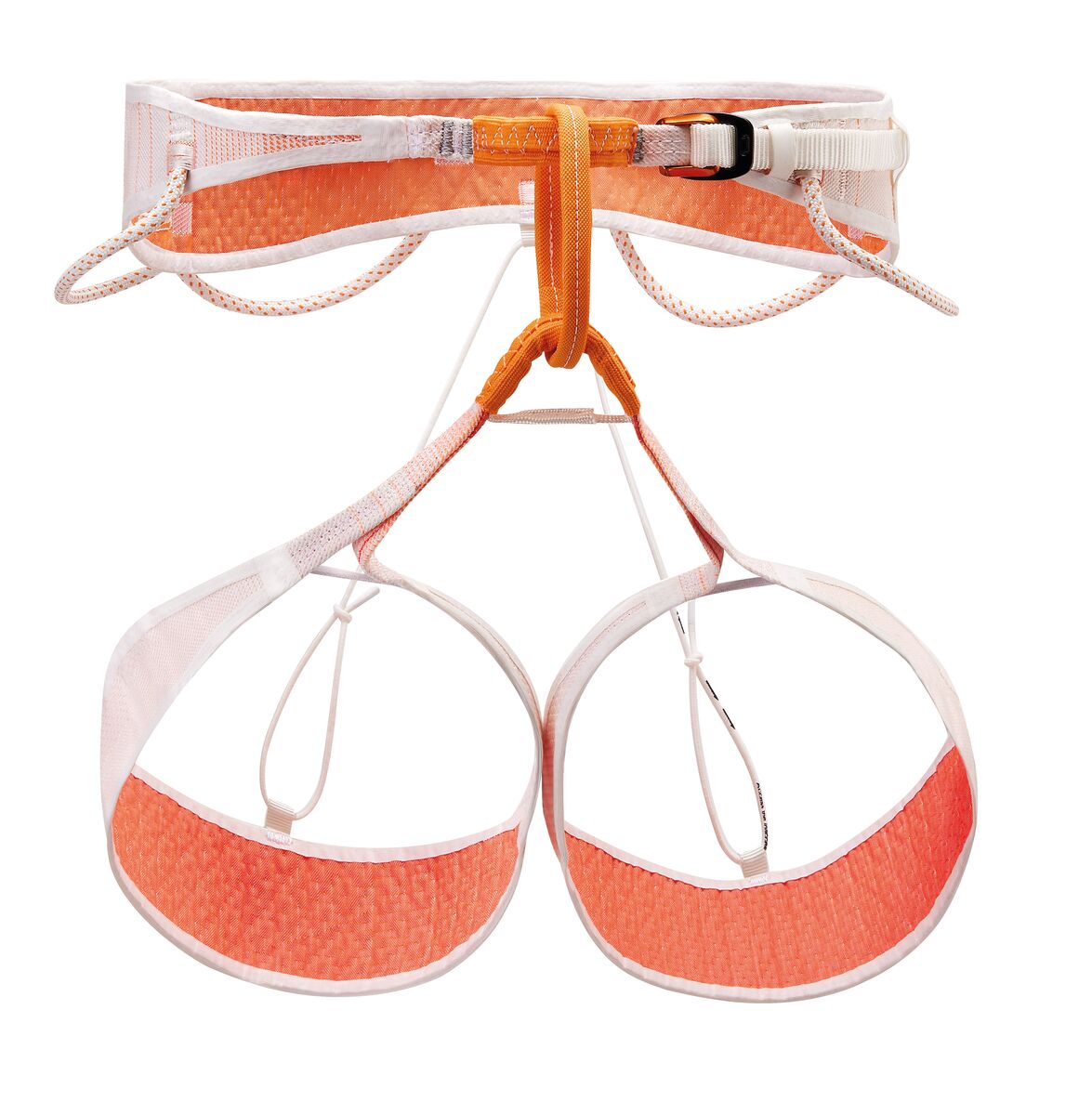 Orange and white climbing harness on a white background