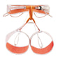 Orange and white climbing harness on a white background