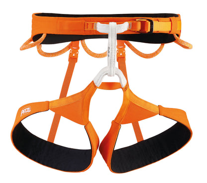 Orange climbing harness with black straps on a white background