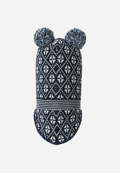 Knitted hat with pom-poms on a white background