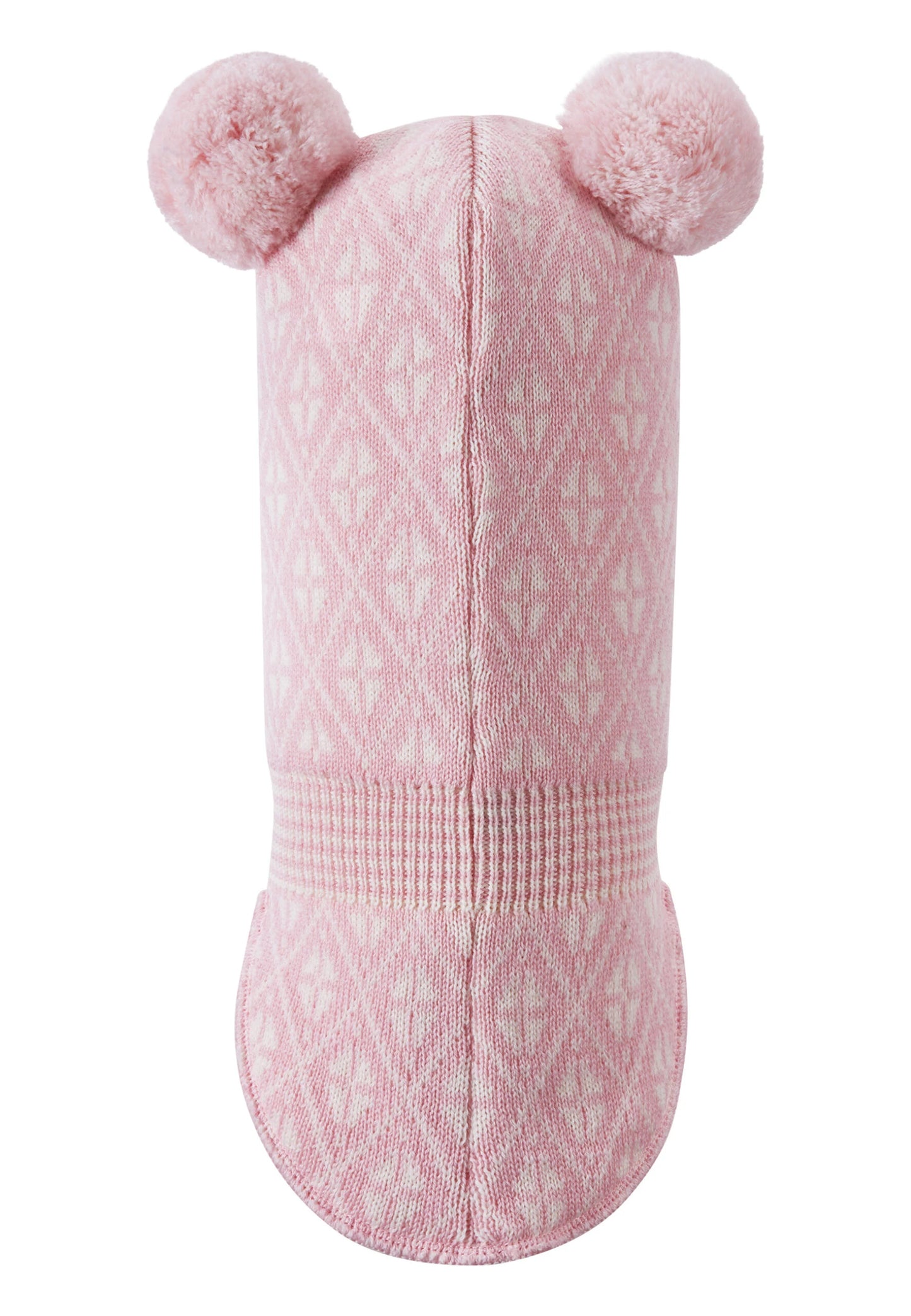 Pink knitted baby hat with pom-poms on a white background