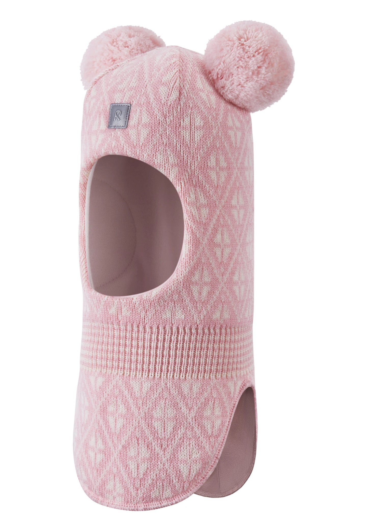 Pink baby balaclava with pom-poms on a white background