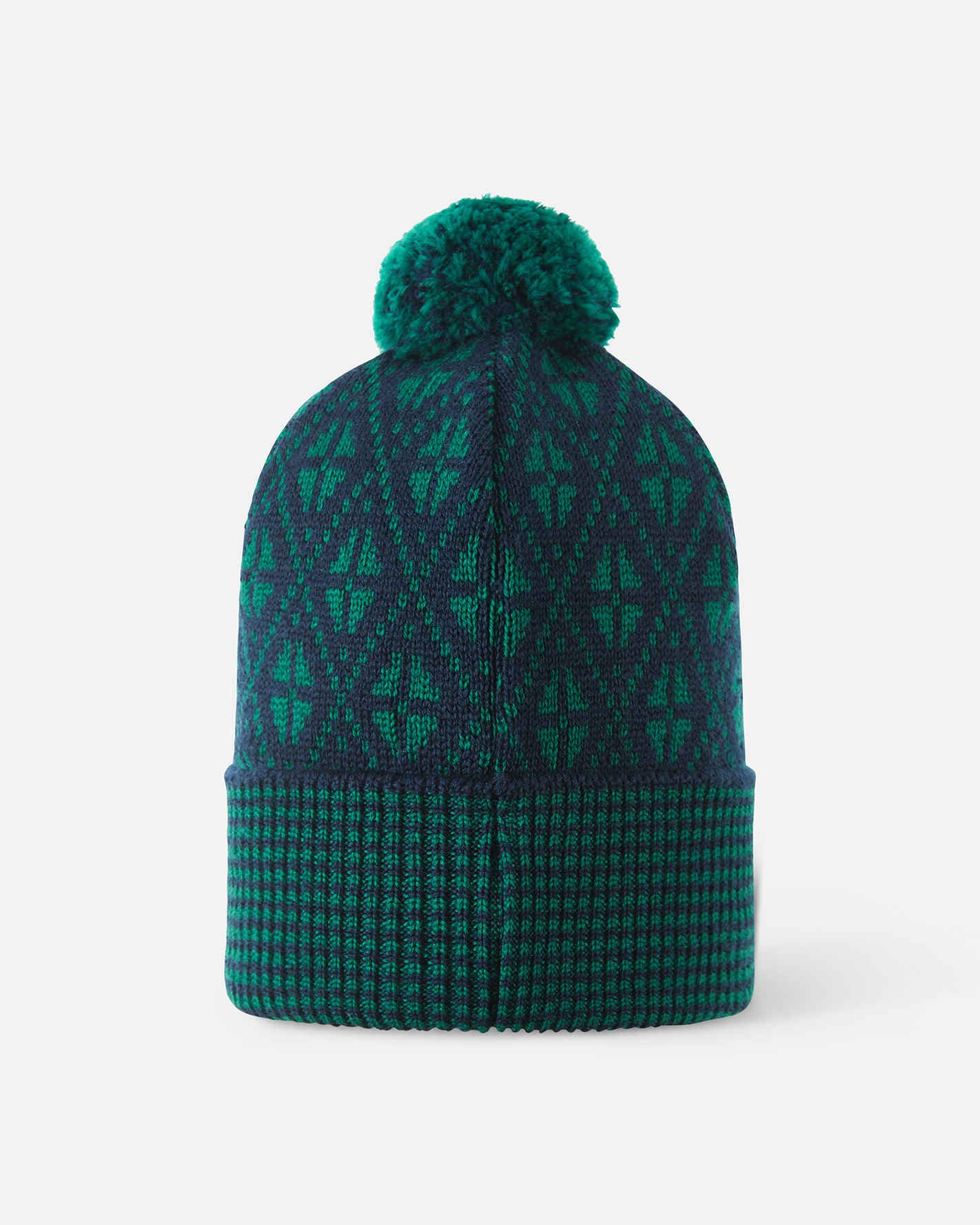 Green patterned beanie with a pom-pom on a white background