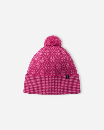 Pink patterned beanie with a pom-pom on a white background