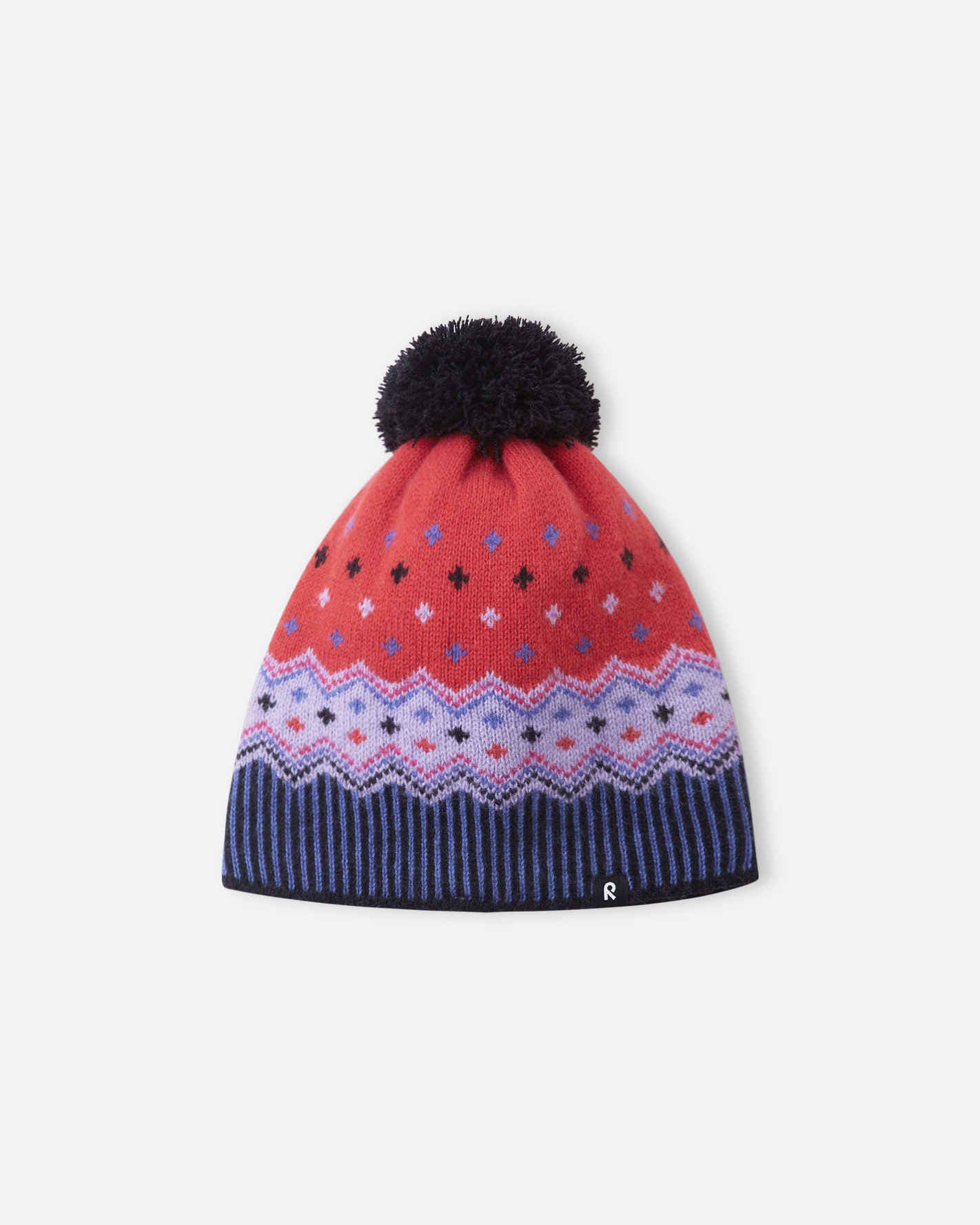 Colorful knit beanie with a pom-pom on a white background