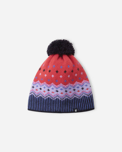 Colorful knit beanie with a pom-pom on a white background
