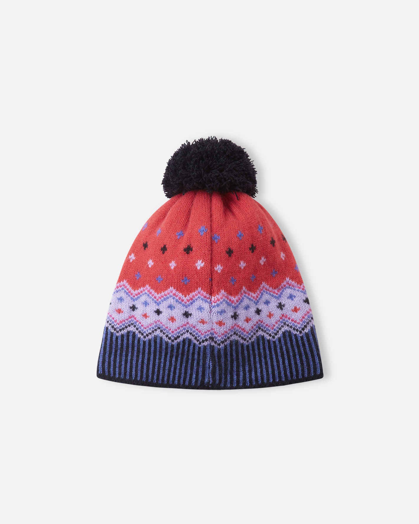 Knitted hat with a colorful pattern and black pom-pom on a white background