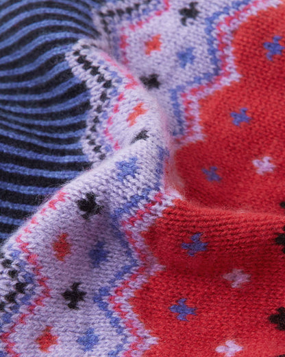 Close-up of patterned socks with red, blue, and black designs.