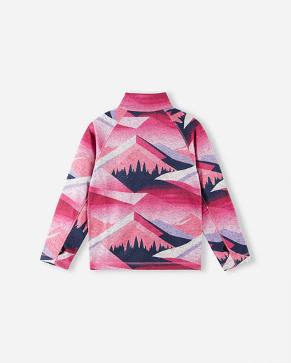 Pink and purple patterned fleece jacket on a white background