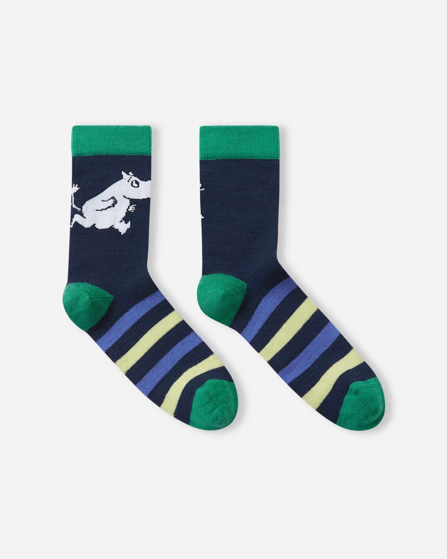 Pair of socks with striped pattern and green accents on a white background
