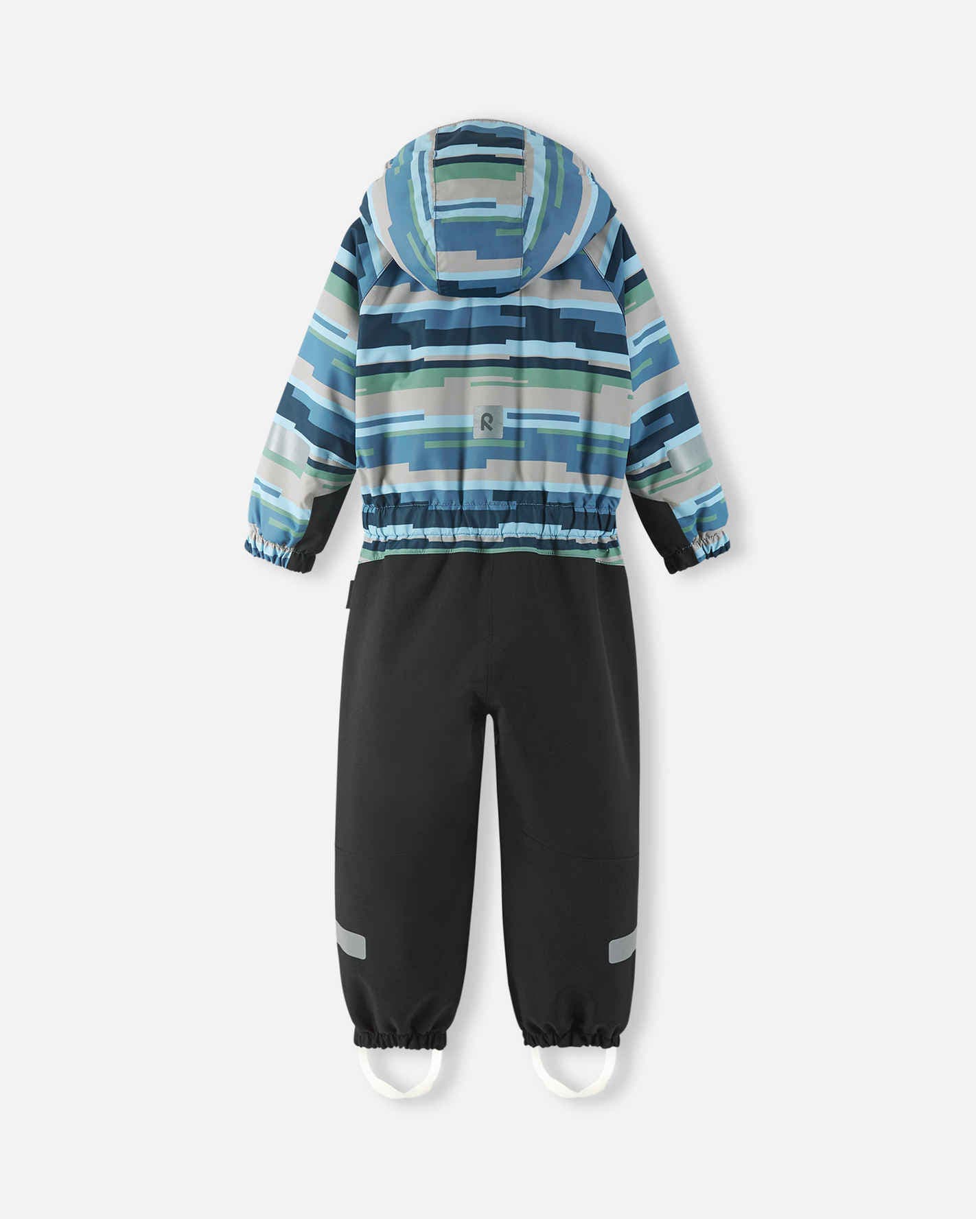 Children's snowsuit with striped jacket and black pants on a white background