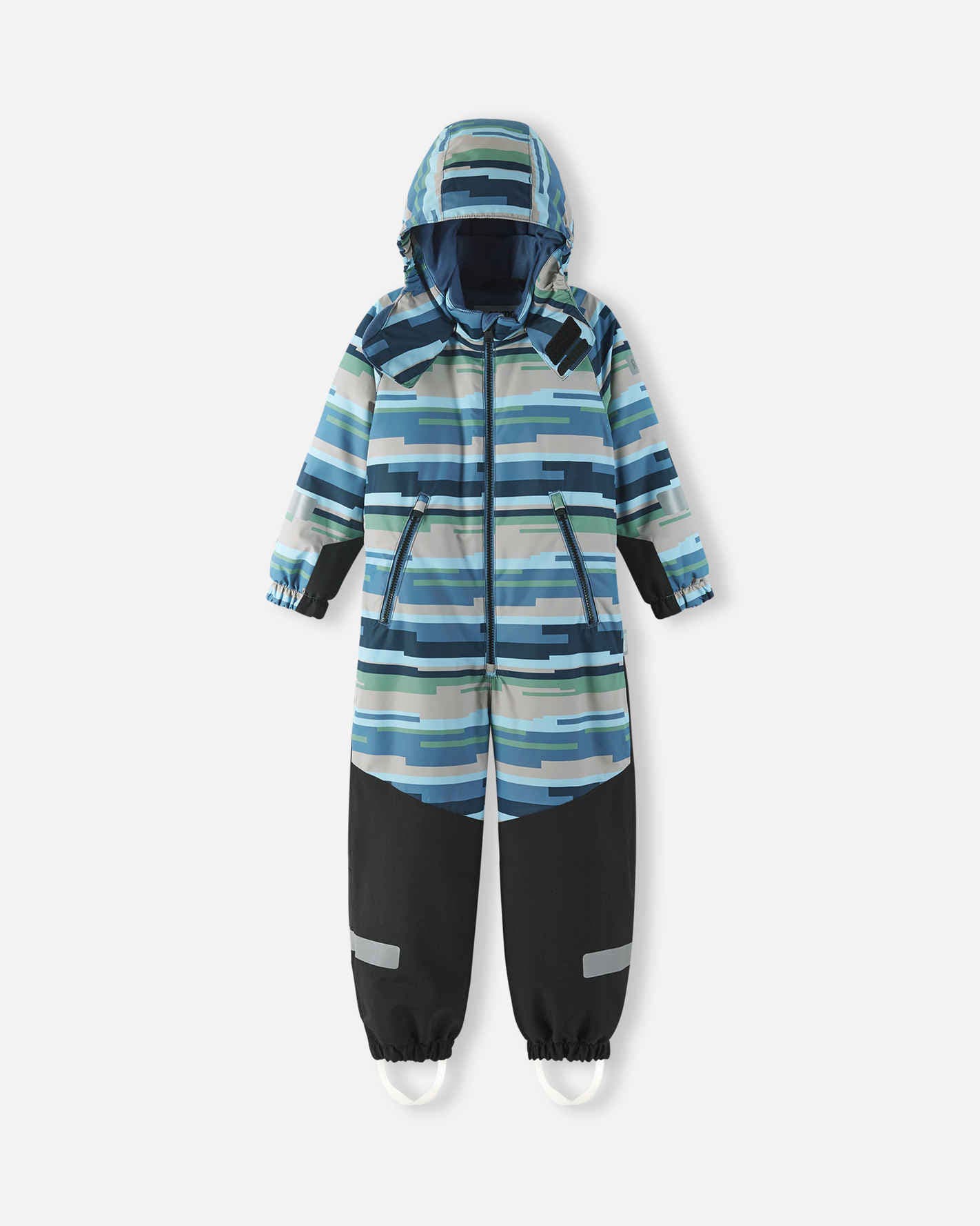 Children's snowsuit with blue and black striped pattern on a white background