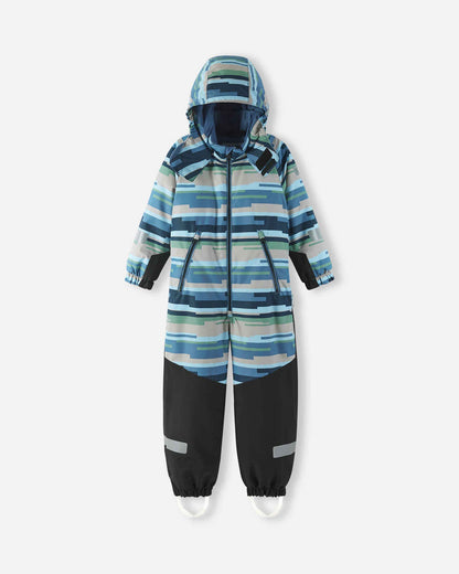 Children's snowsuit with blue and black striped pattern on a white background