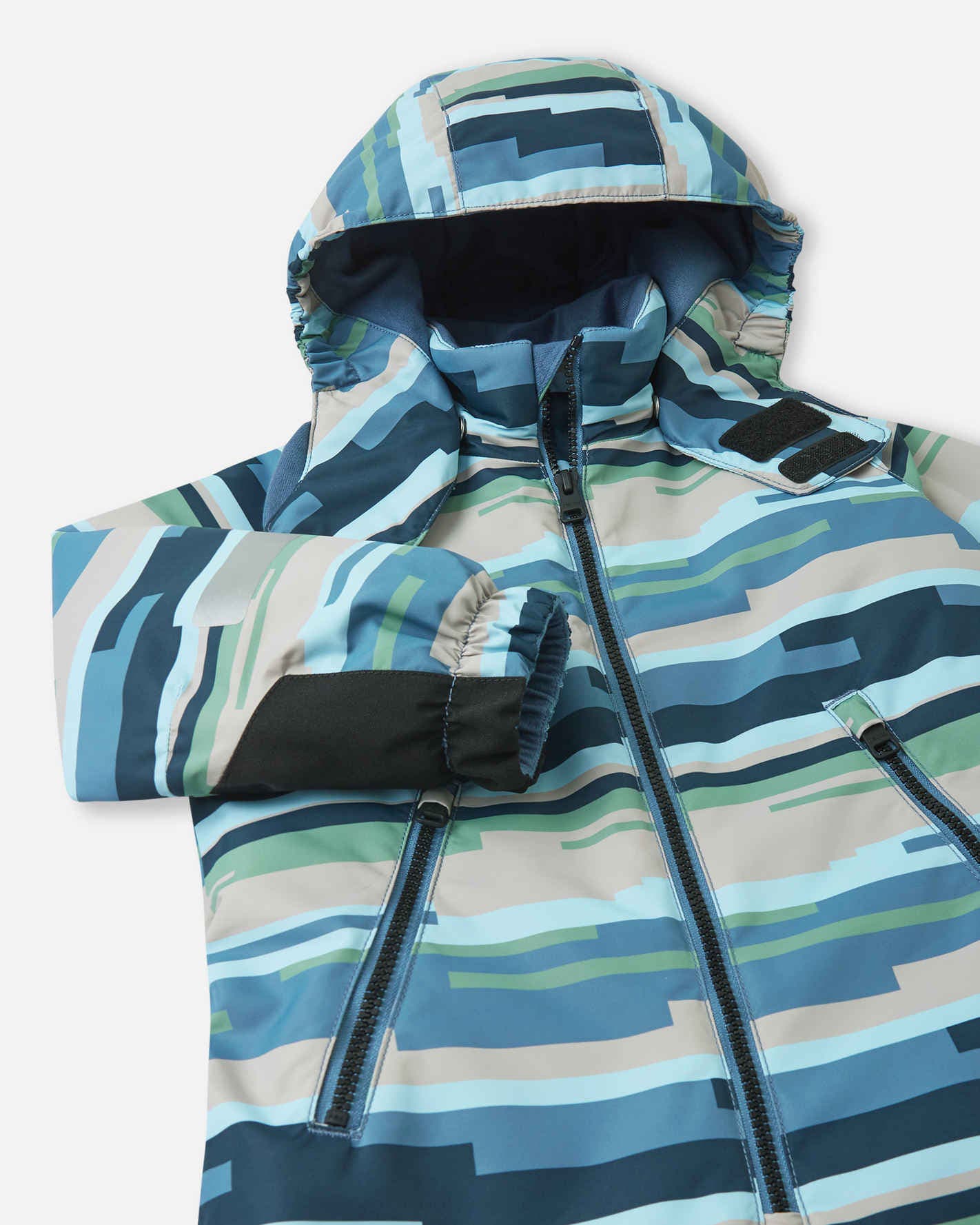 Blue and green patterned jacket with a hood on a white background