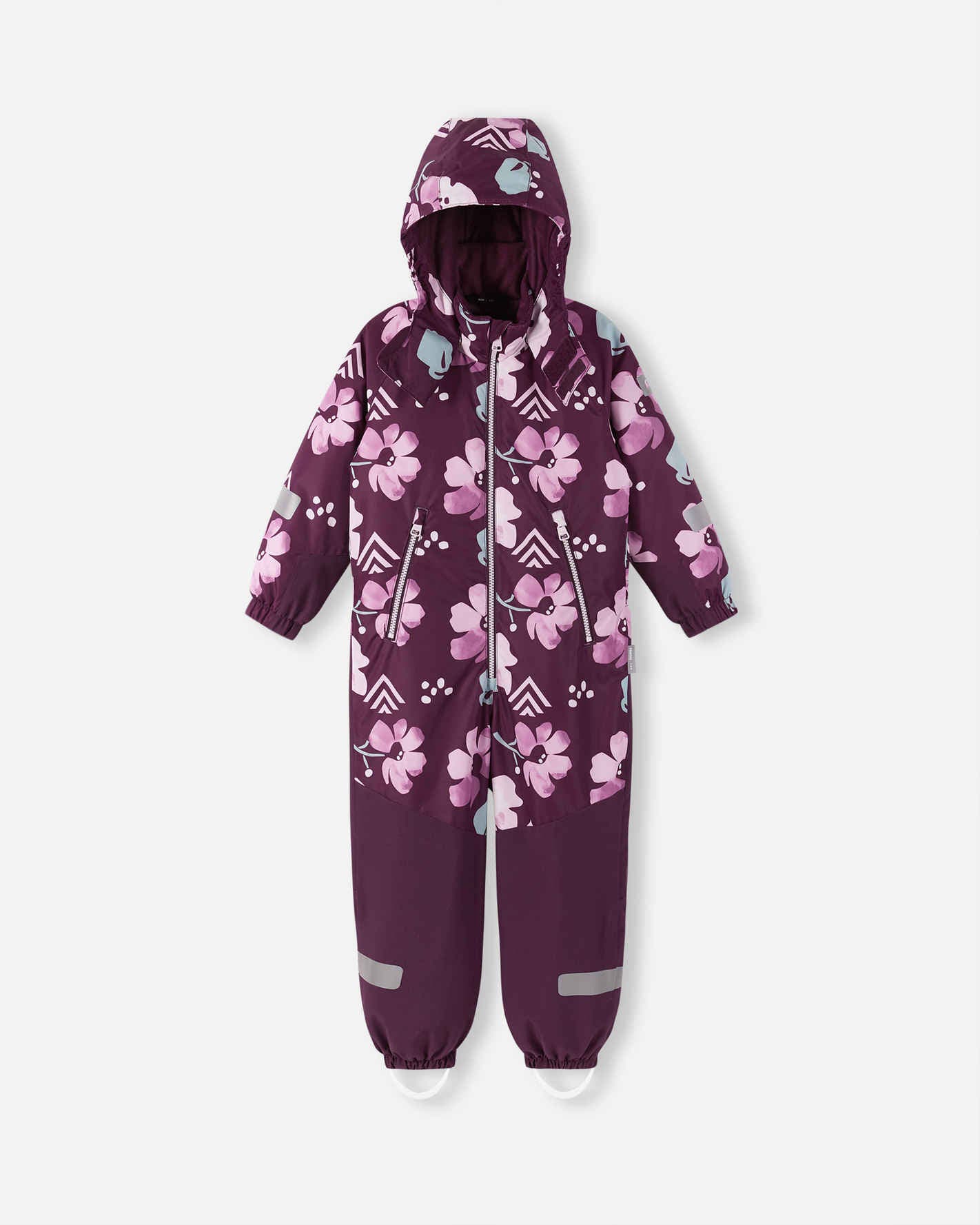 Purple children's snowsuit with floral pattern on a white background