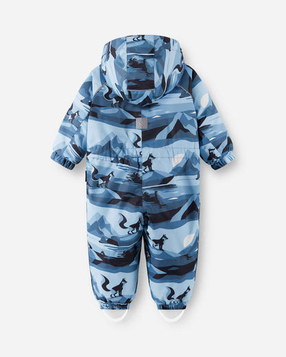 Blue camouflage baby snowsuit on a white background