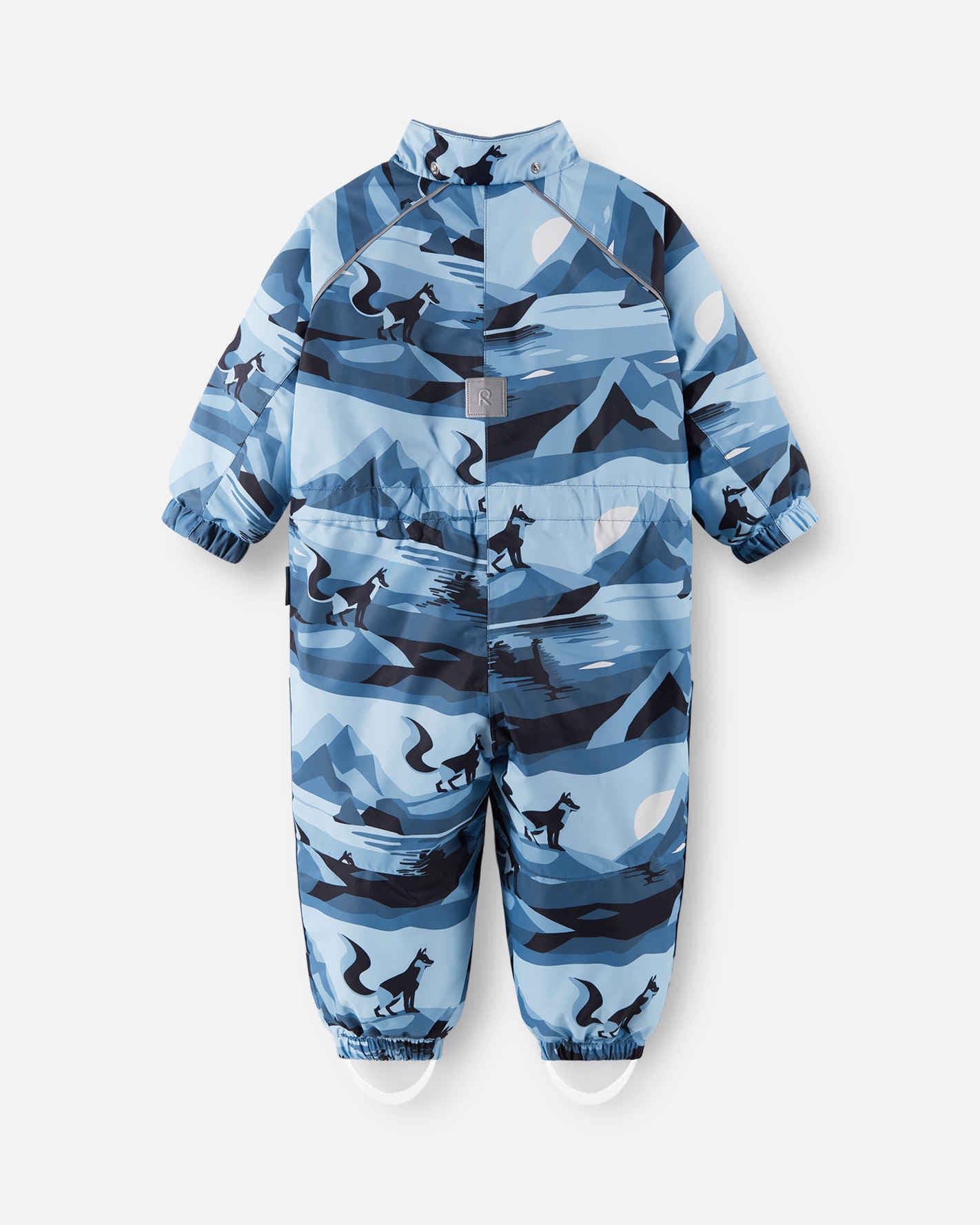 Blue camouflage baby snowsuit with animal prints on a white background