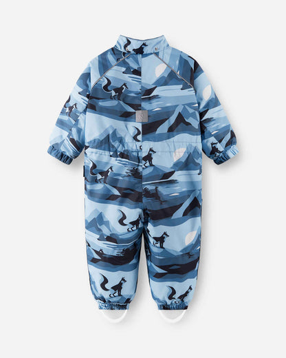 Blue camouflage baby snowsuit with animal prints on a white background