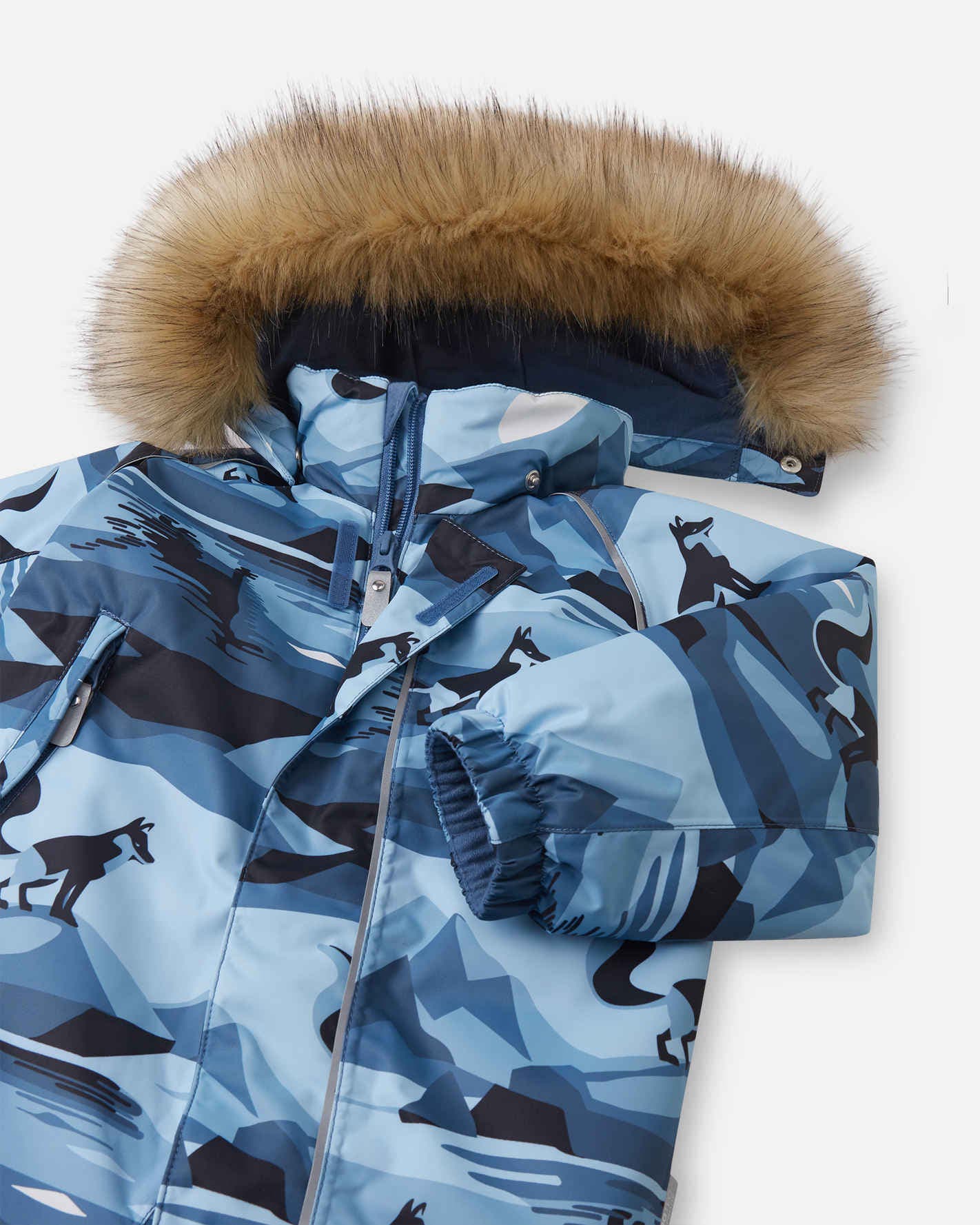 Blue camouflage jacket with fur-lined hood on a white background