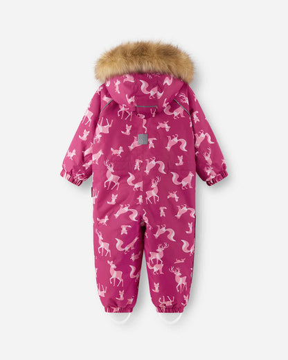 Pink snowsuit with animal pattern and fur hood on a white background