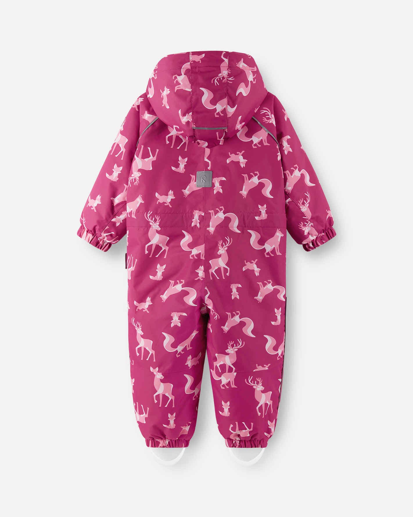 Pink children's snowsuit with animal pattern on a white background