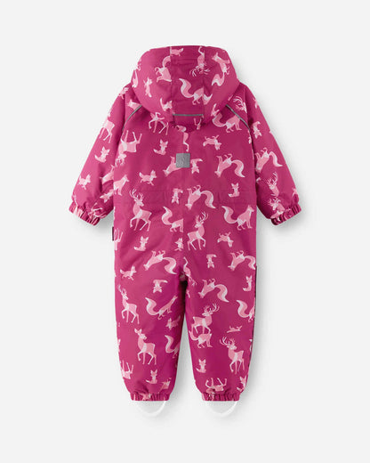 Pink children's snowsuit with animal pattern on a white background