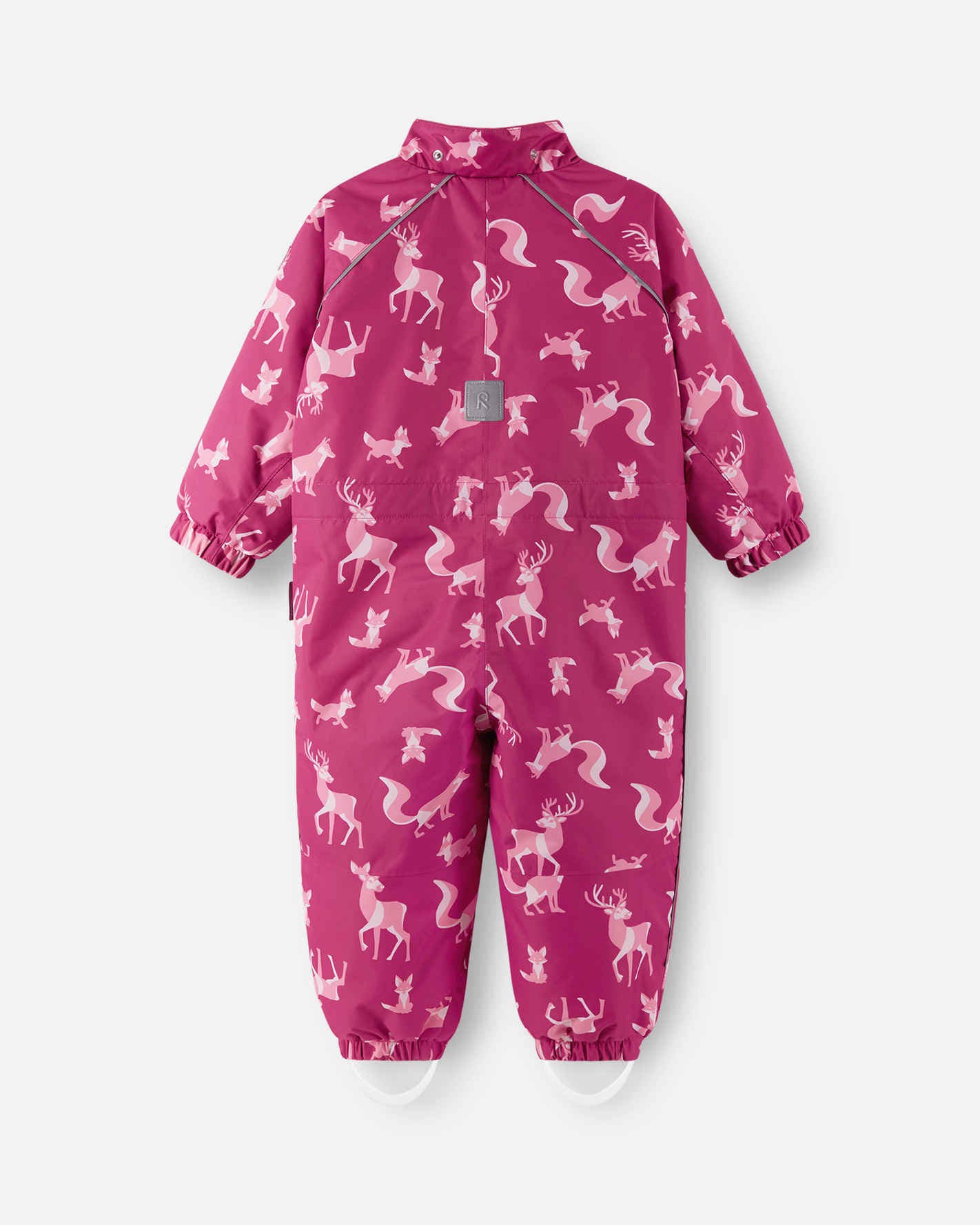 Pink children's snowsuit with animal pattern on a white background