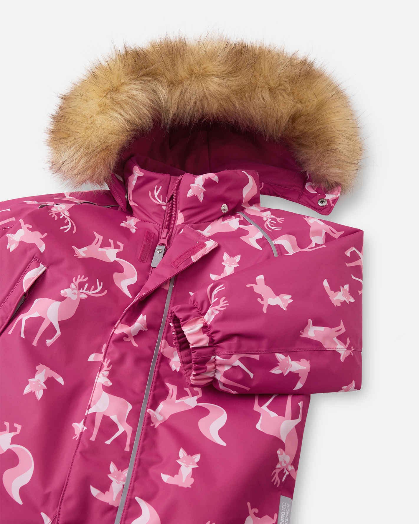 Pink jacket with deer pattern and fur-lined hood on a white background