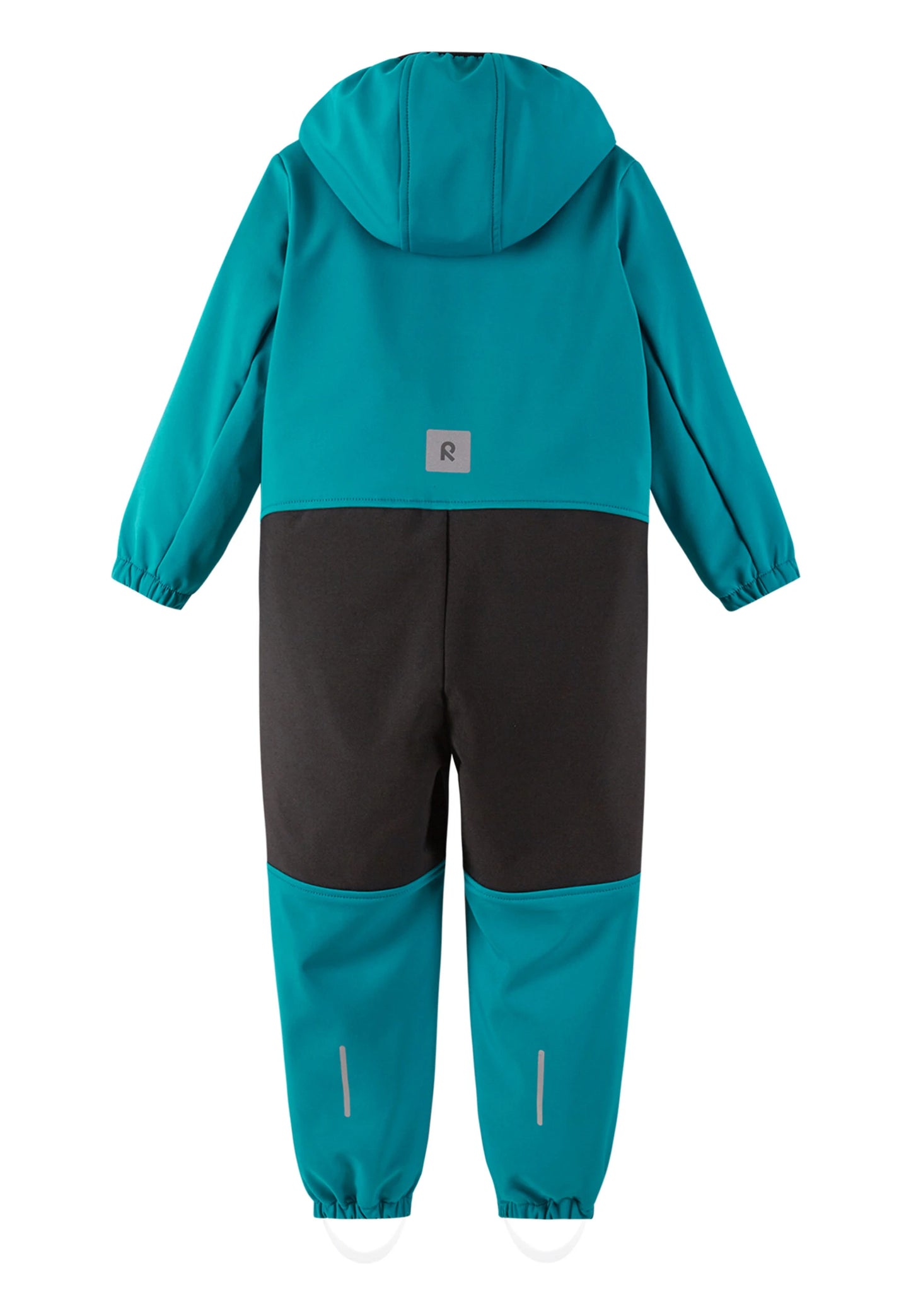 Teal and black snowsuit with a hood on a white background