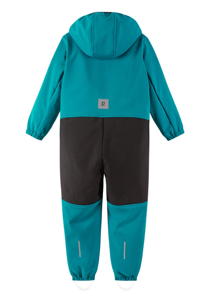 Teal and black snowsuit with a hood on a white background