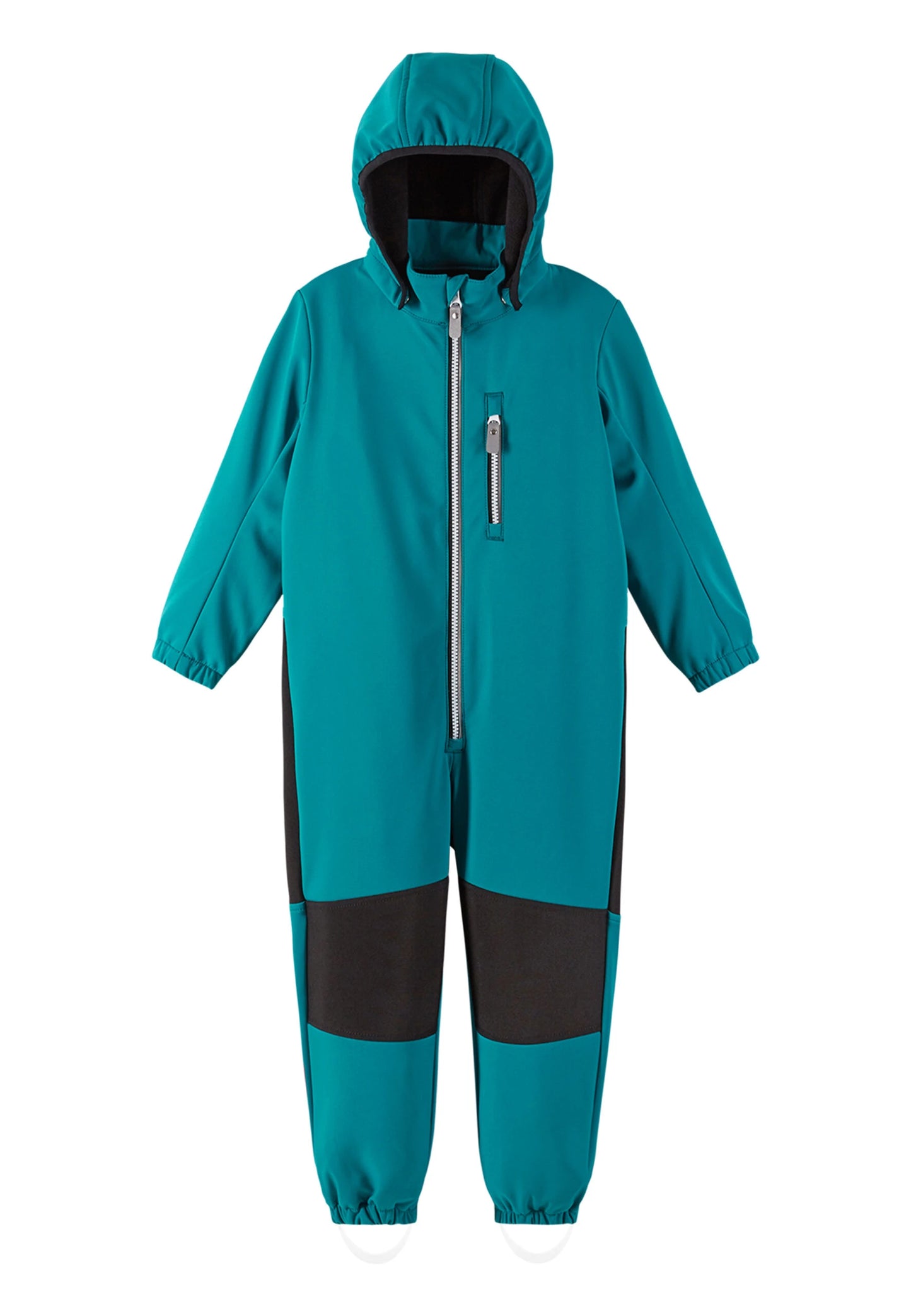 Teal and black rain suit on a white background