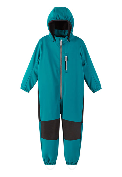 Teal and black rain suit on a white background