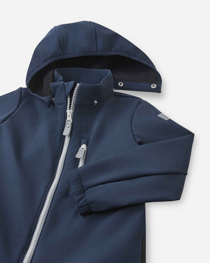 Navy blue jacket with a hood on a light gray background