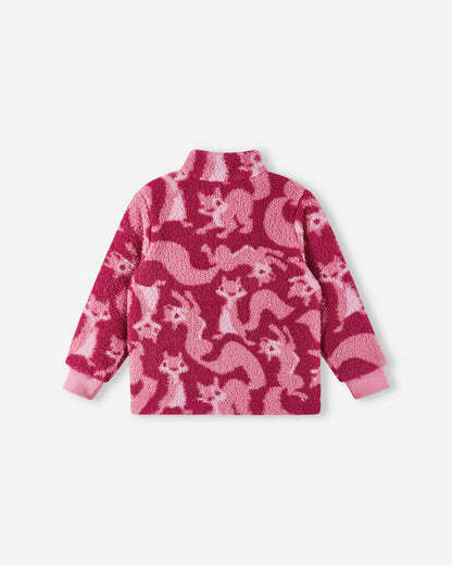 Pink fleece jacket with raccoon pattern on a white background