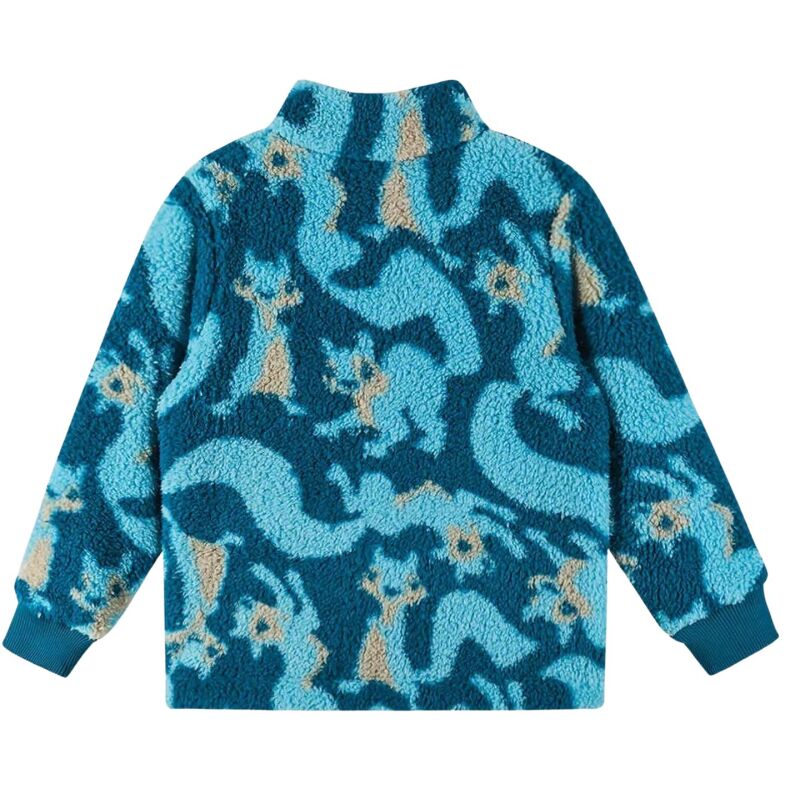 Blue fleece jacket with dinosaur pattern on a white background