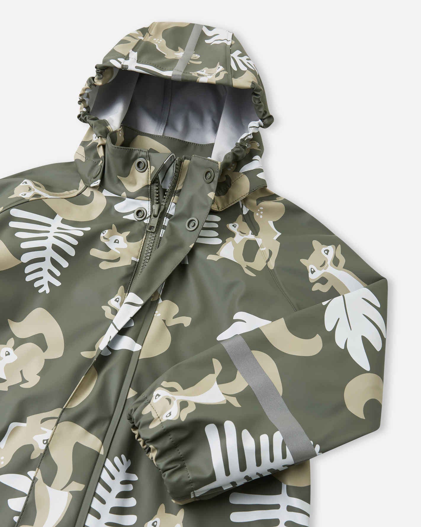 Green raincoat with animal pattern on a white background