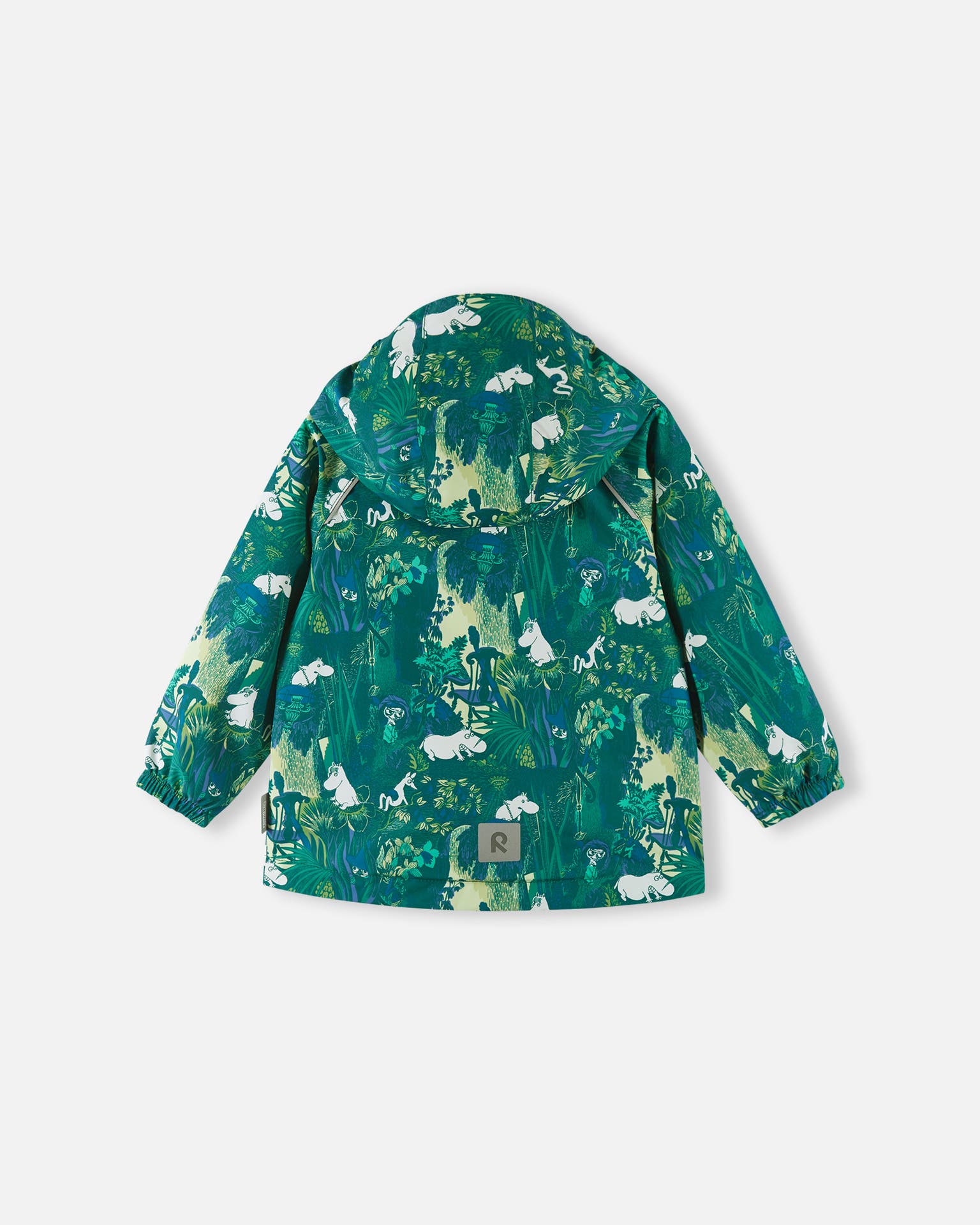 Green children's jacket with animal pattern on a white background