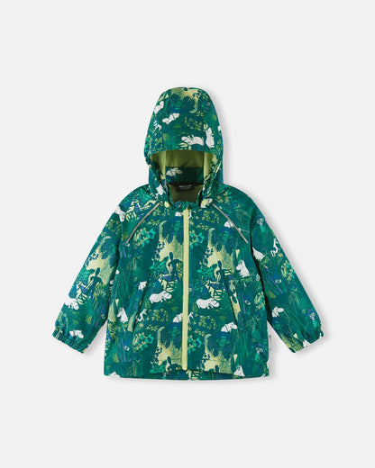 Green children's jacket with animal print on a white background