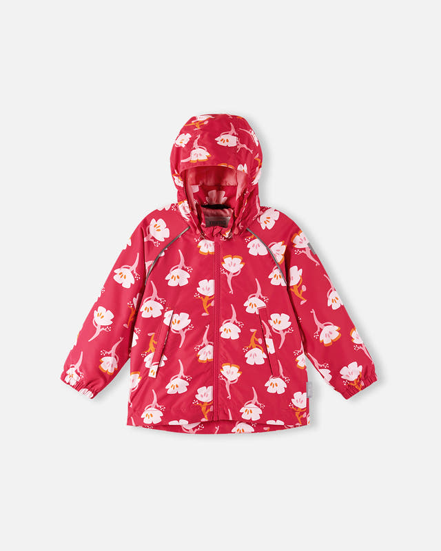 Pink floral-patterned raincoat on a white background