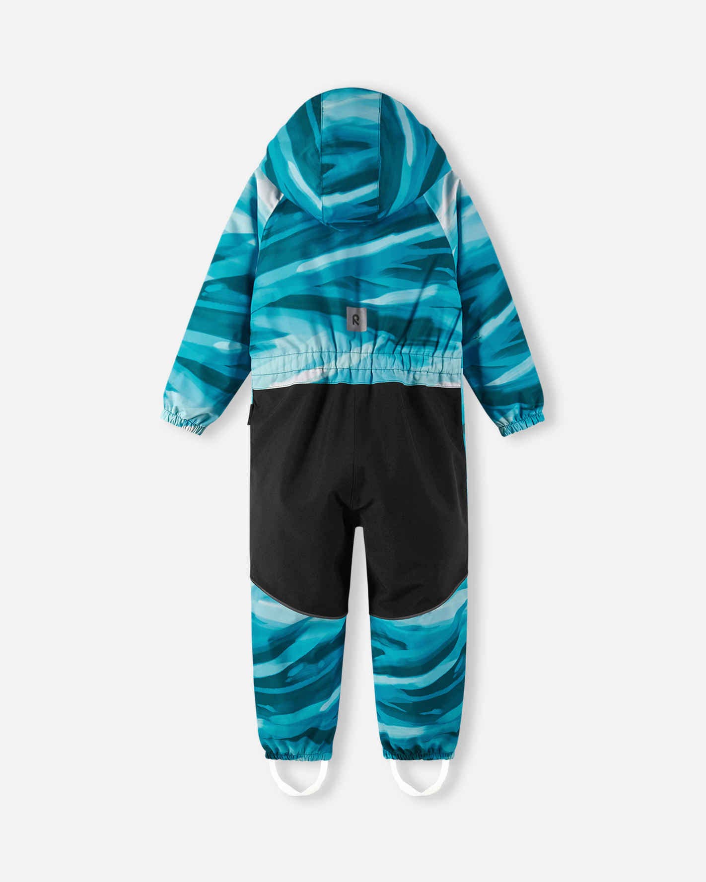 Children's blue and black patterned snowsuit on a white background
