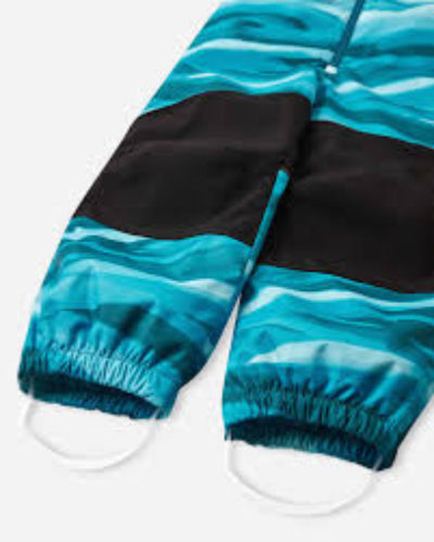 Blue and black striped pants with a hood on a white background