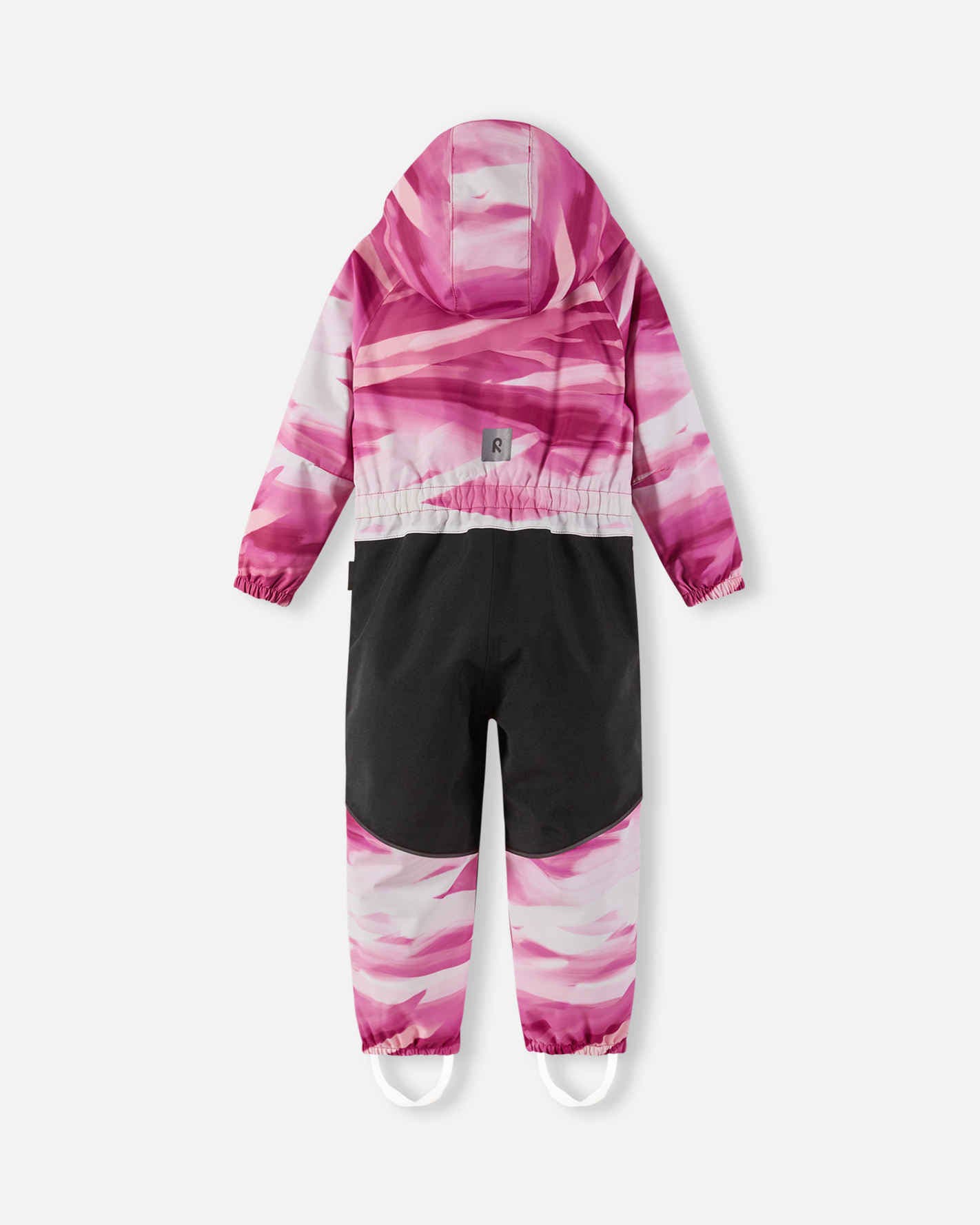 Pink and black snowsuit with a hood on a white background