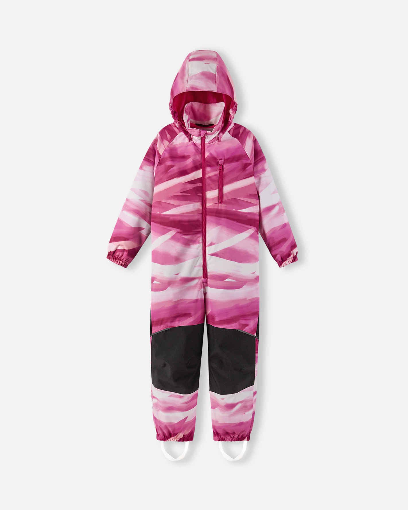 Pink and black patterned snowsuit on a white background