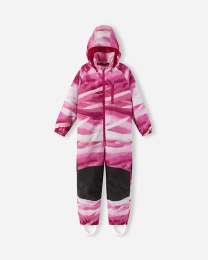 Pink and black patterned snowsuit on a white background