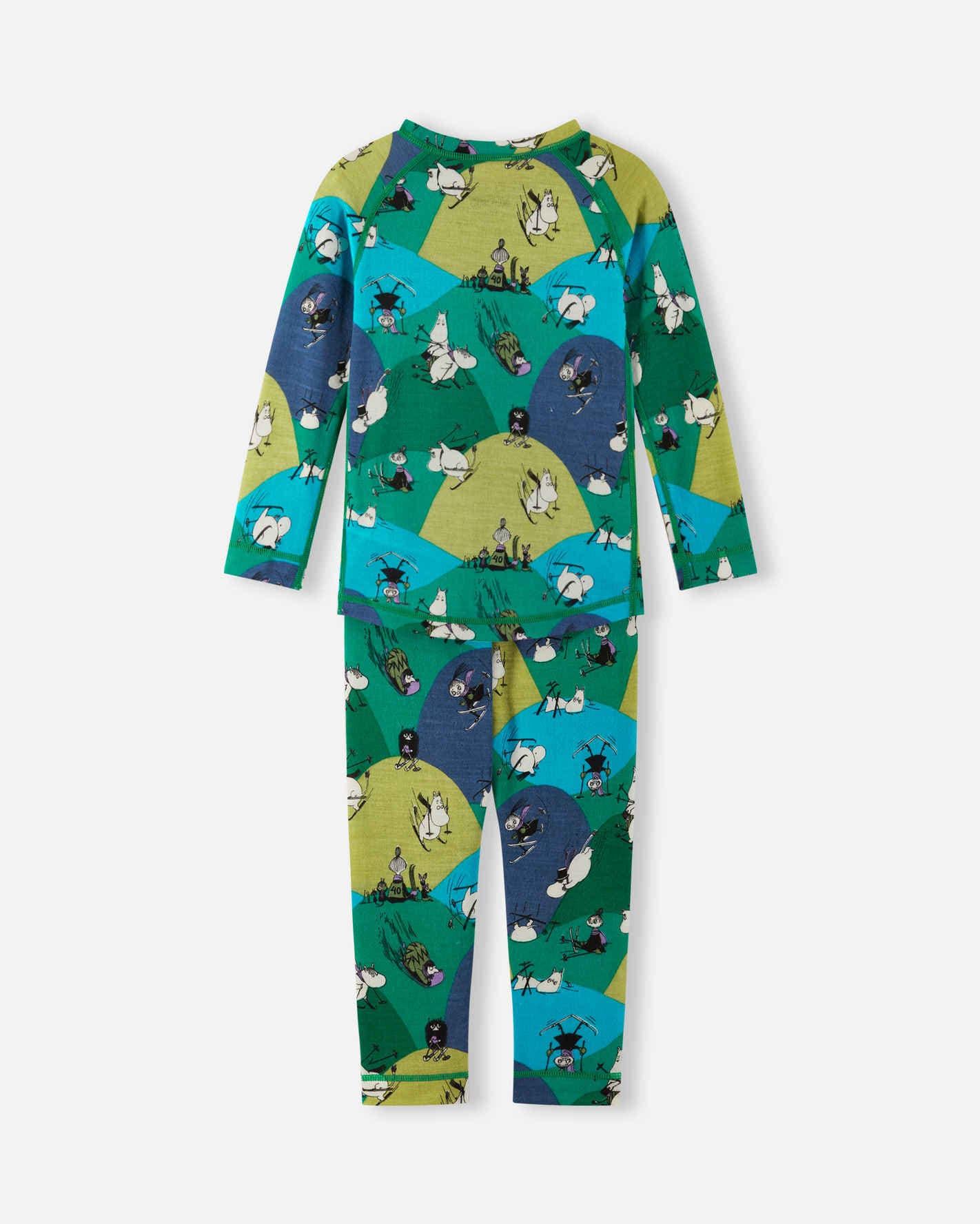 Children's pajama set with a colorful animal pattern on a white background