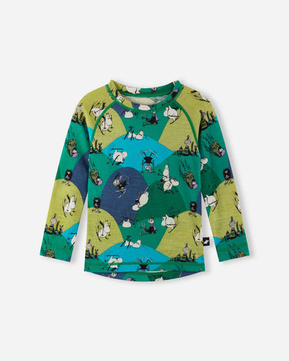Children's long-sleeve shirt with a colorful pattern on a white background