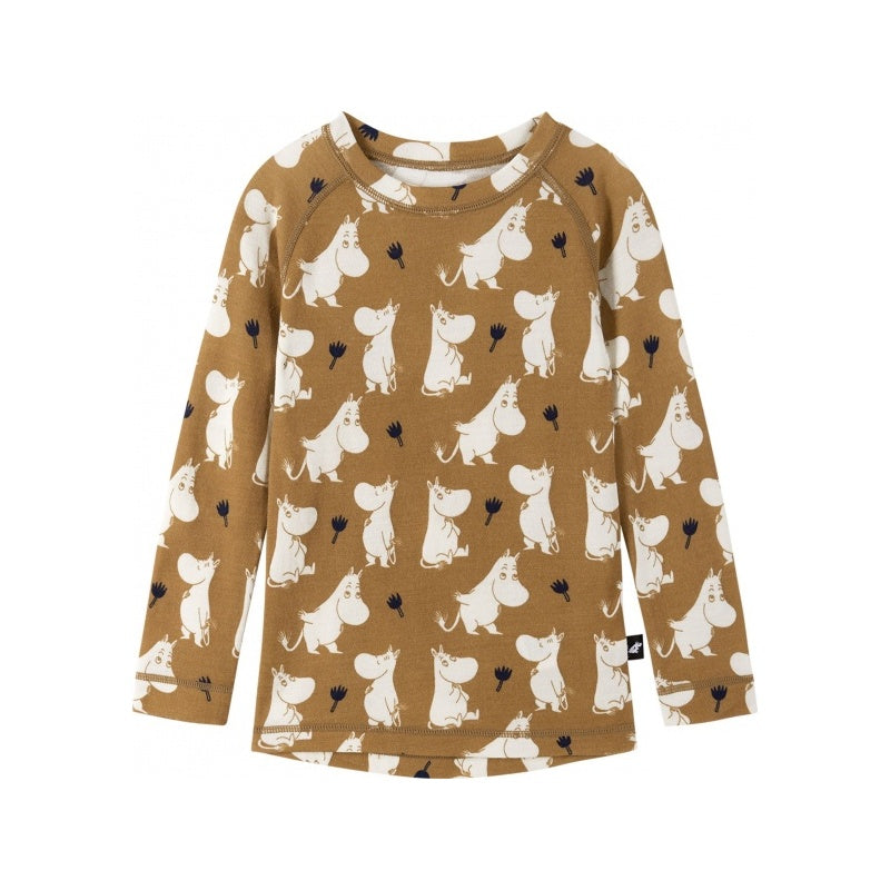 Brown long-sleeve shirt with white cartoon character pattern on a white background