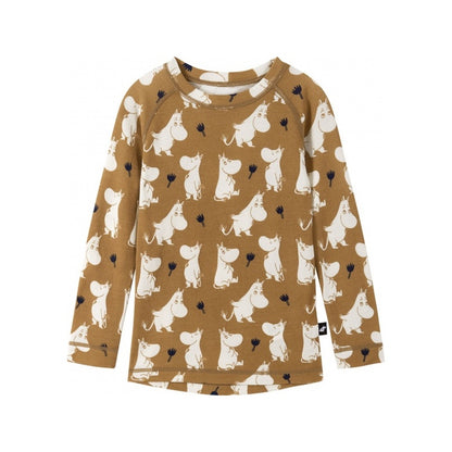 Brown long-sleeve shirt with white cartoon character pattern on a white background